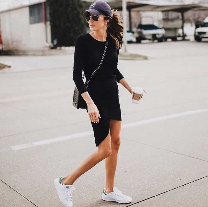 black dress with white sneakers